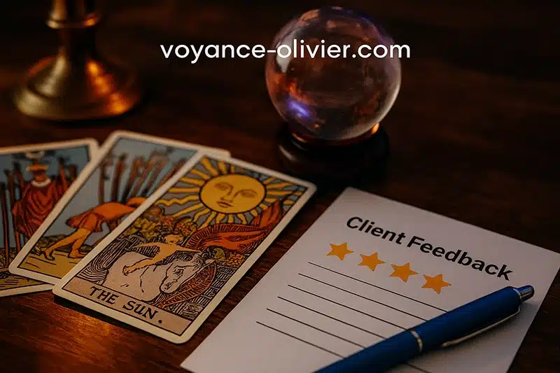 Cartes de tarot, boule de cristal et fiche d’avis illustrant les vrais avis voyance