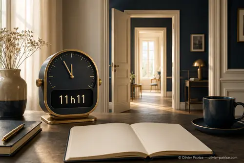 Deux passages lumineux alignés près d’une horloge affichant exactement 11h11