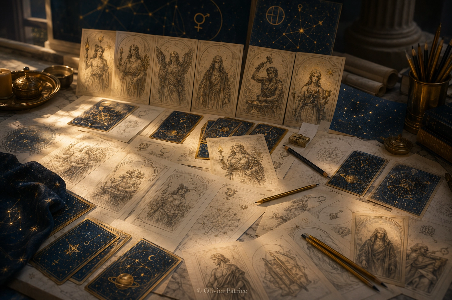 Création de l'Oracle des dieux avec esquisses symboliques et cartes en préparation