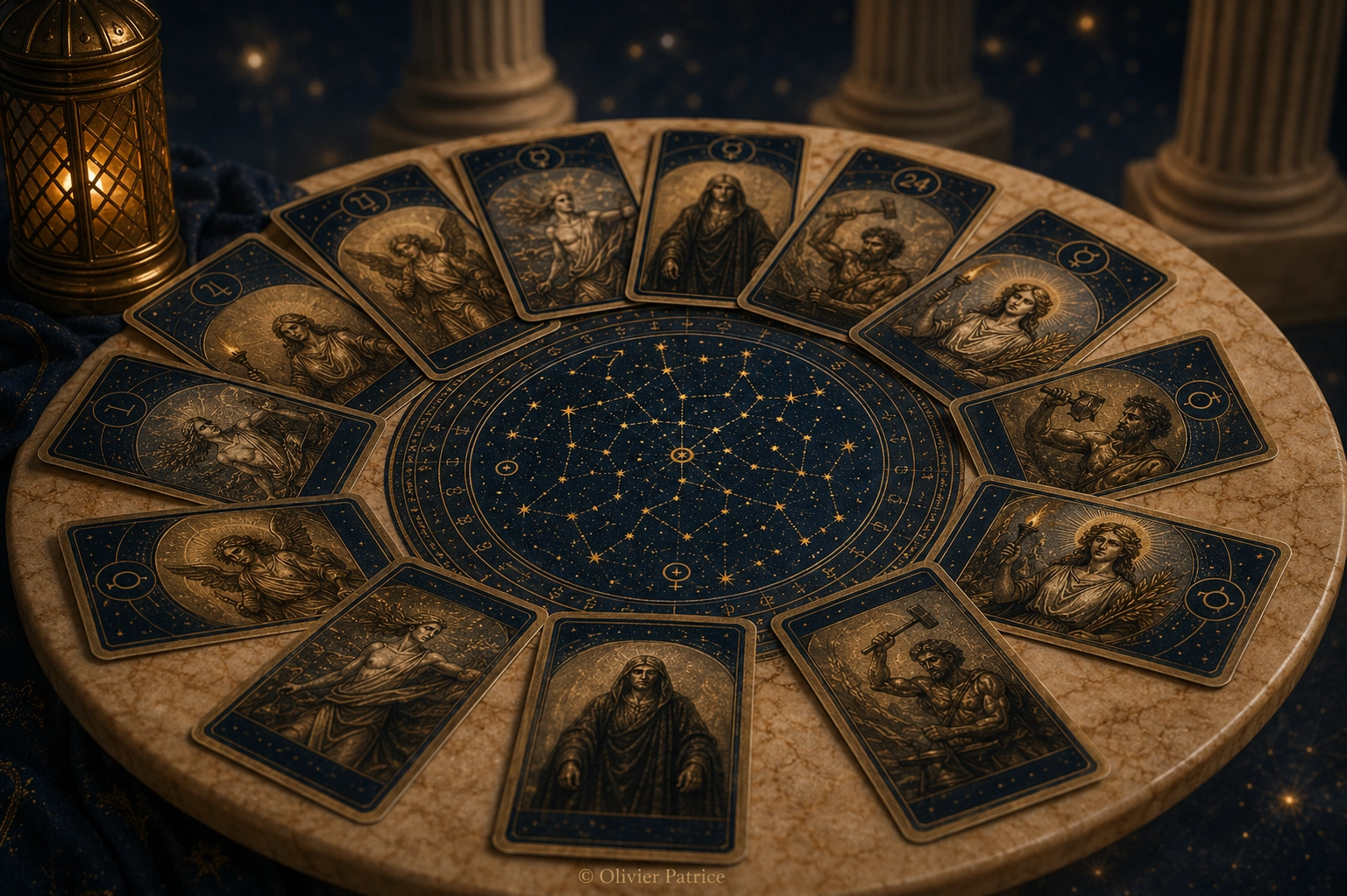 Influences planétaires dans l'Oracle des dieux avec symboles célestes et cartes abstraites