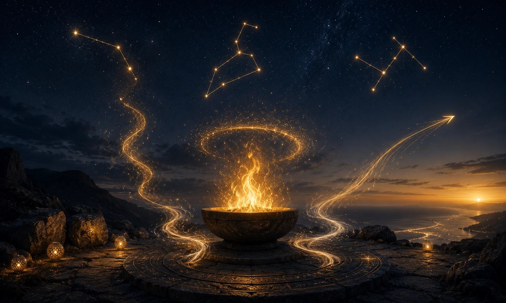 Flamme maîtrisée et trois constellations symbolisant le Bélier, le Lion et le Sagittaire en amour