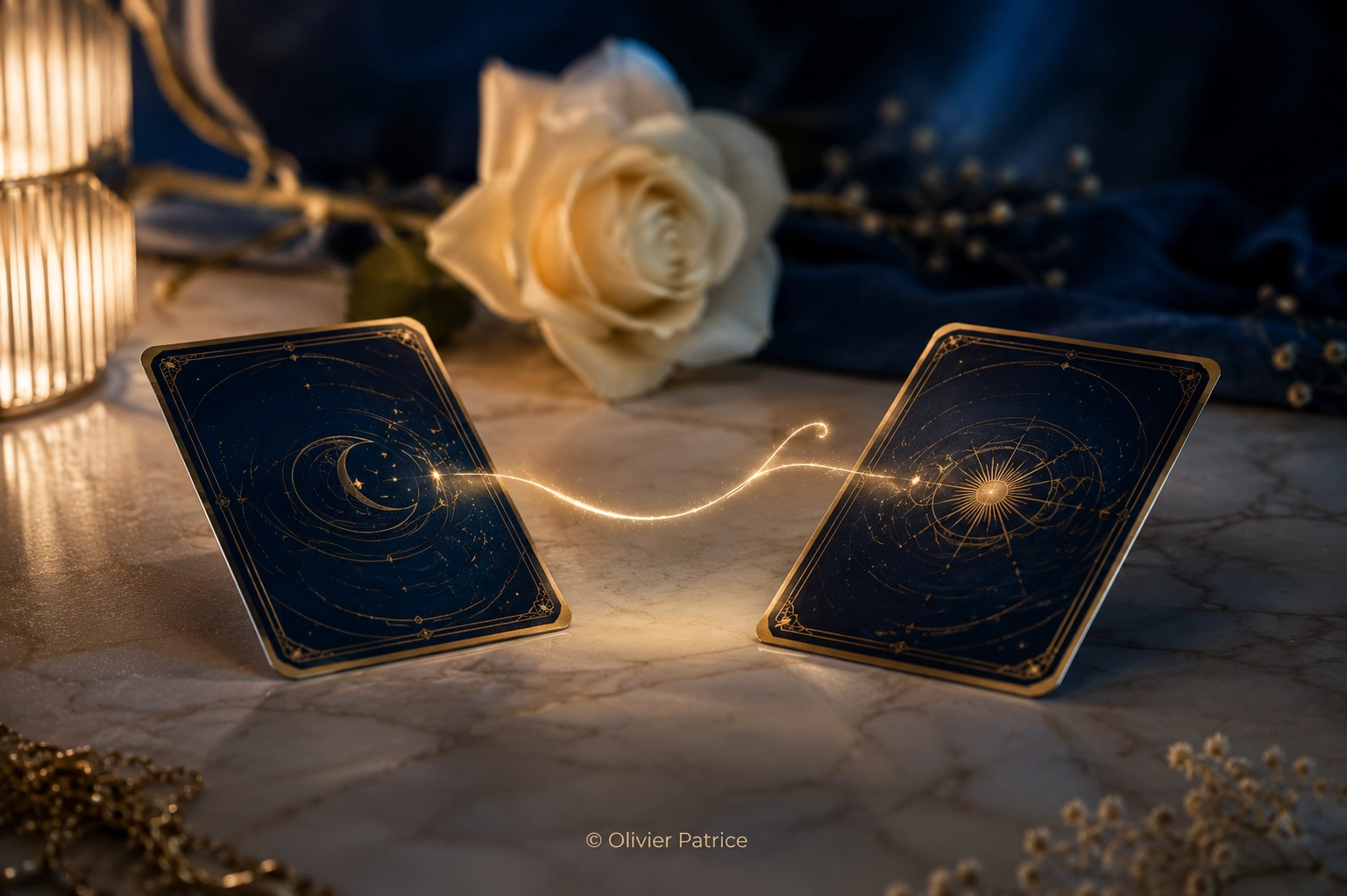 Tarot amour avec deux cartes abstraites représentant une réflexion sentimentale