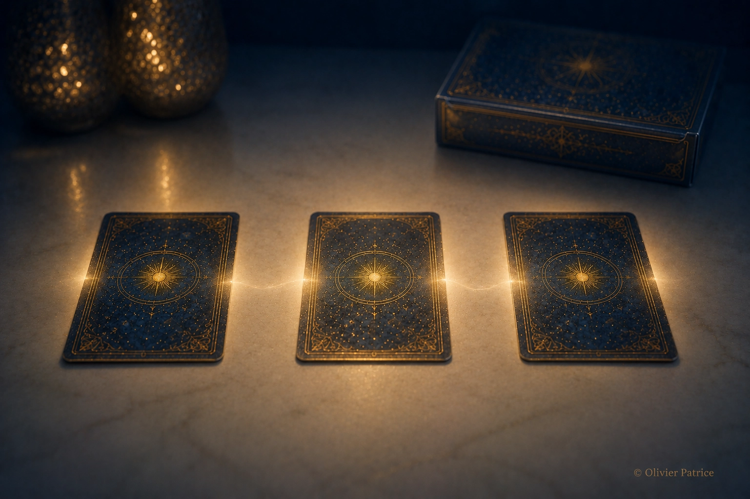 Tirage à 3 cartes avec l'Oracle des dieux sur une table claire