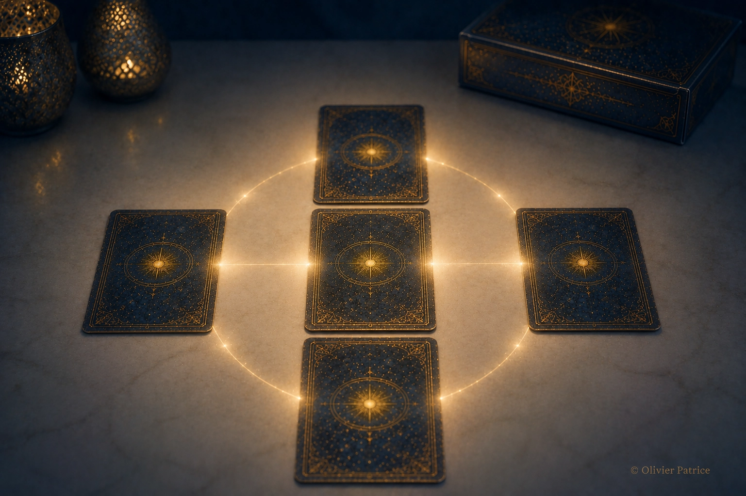 Tirage à 5 cartes avec l'Oracle des dieux sur une table claire