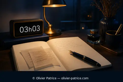 Carnet ouvert et stylo près d’une horloge affichant 03h03, symbole d’expression et de compréhension