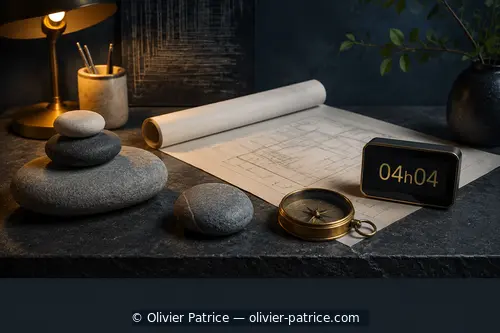 Quatre pierres équilibrées, un plan et une horloge affichant 04h04, symboles de fondations solides