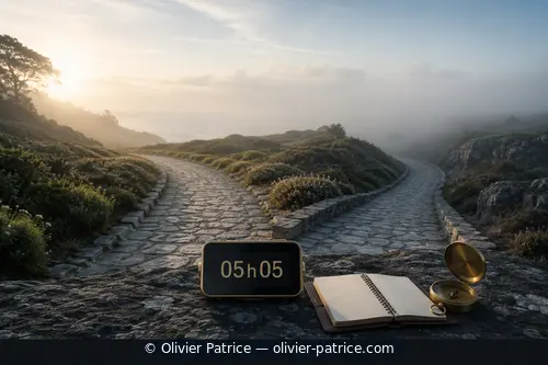 Deux chemins au lever du jour avec une horloge affichant 05h05, symbole d’un changement à tester