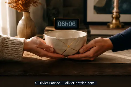 Deux mains soutiennent ensemble un bol réparé devant une horloge affichant 06h06, symbole de soin partagé