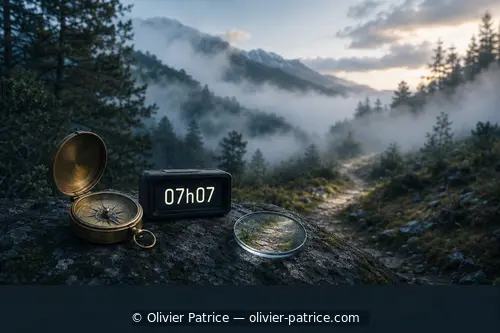 Boussole, loupe et horloge affichant 07h07 devant un sentier dont la brume se lève