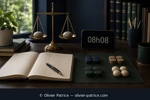 Balance équilibrée, carnet de ressources et horloge affichant 08h08 sur un bureau