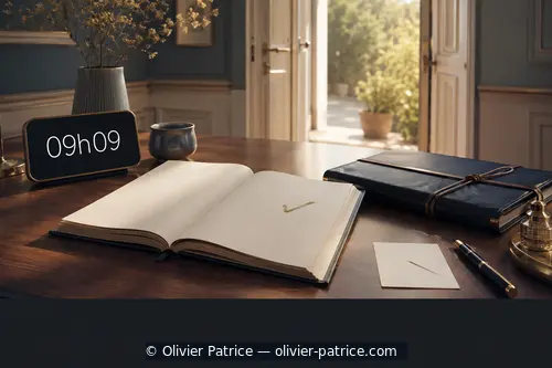 Dernière page cochée, dossier fermé et porte ouverte près d’une horloge affichant 09h09