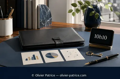 Portfolio, trois cartes de réalisations, clé et horloge affichant 10h10 sur un bureau