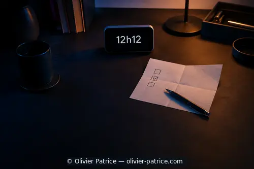 Papier plié, liste de priorités et horloge affichant 12h12 sur un bureau