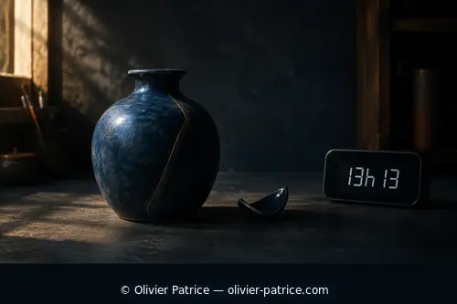 Vase réparé, pièce retirée et horloge affichant 13h13 sur une table