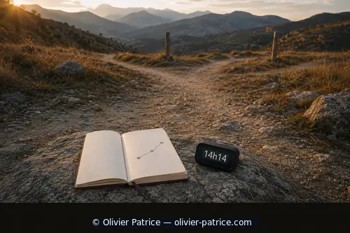 Sentier balisé, carnet de progression et horloge affichant 14h14