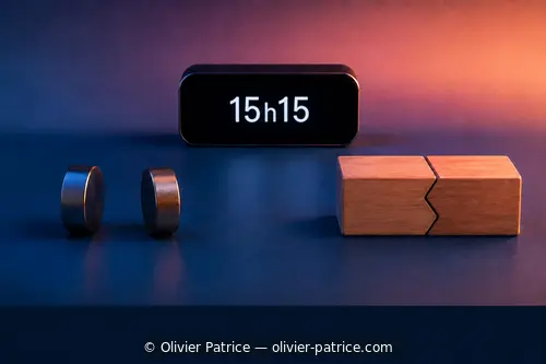 Deux aimants séparés, deux pièces ajustées et horloge affichant 15h15