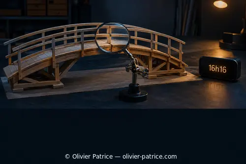 Pont miniature inspecté avec une loupe et horloge affichant 16h16