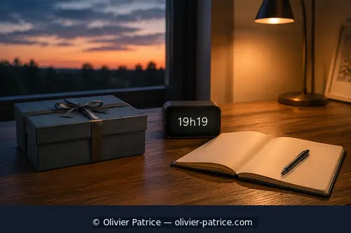 Boîte d’archives fermée, carnet neuf et horloge affichant 19h19