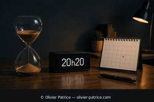 Sablier, calendrier avec un repère et horloge affichant 20h20