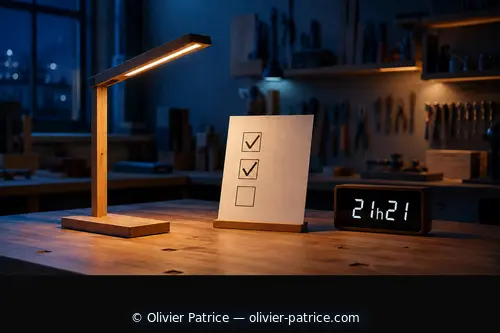 Objet achevé, fiche de contrôle et horloge affichant 21h21 sur un établi